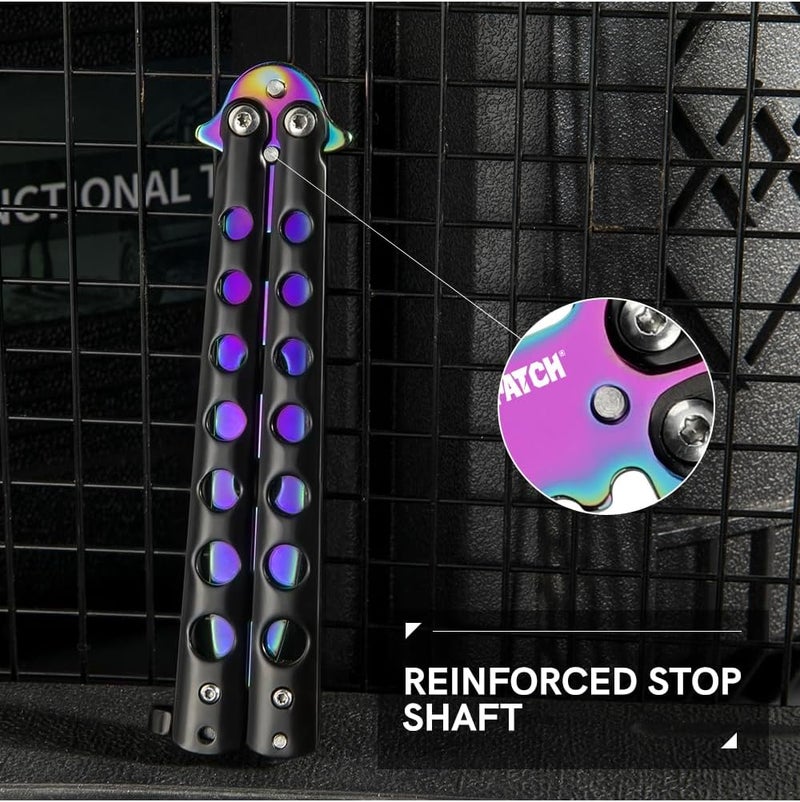 Dispatch Butterfly Knife Trainer | Titanium-Coated Balisong with Unsharpened Blade, Black 3Cr13 Steel Handle & Lock Latch | EDC, Martial Arts Practice, Cosplay, Survival Training Tool - Image 4